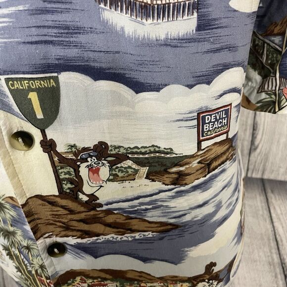 VTG Warner Bros Men's XXL Taz Devil Beach California Hawaiian Button-Up Shirt - Picture 5 of 9